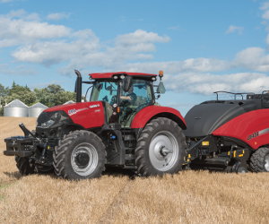 Case IH Optum 300 tractor with LB434 Baler.