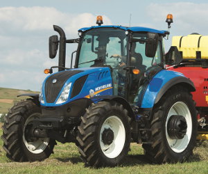 New Holland T5.120 utility tractor with baler.