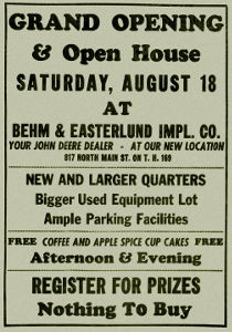 Behm-Easterlund Grand Opening newspaper announcement.
