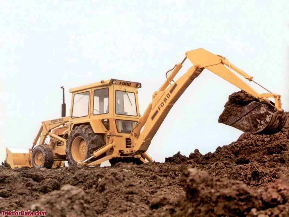 Ford 755 backhoe with cab. Marketing photo.