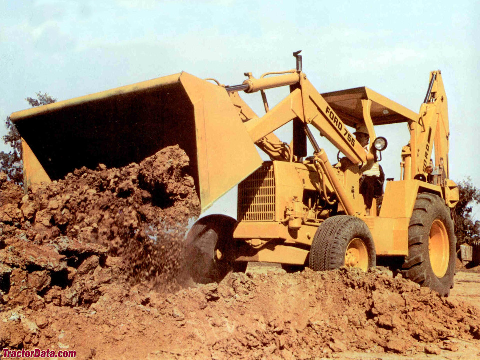 Model 755 Ford backhoe with ROPS canopy. Marketing photo.