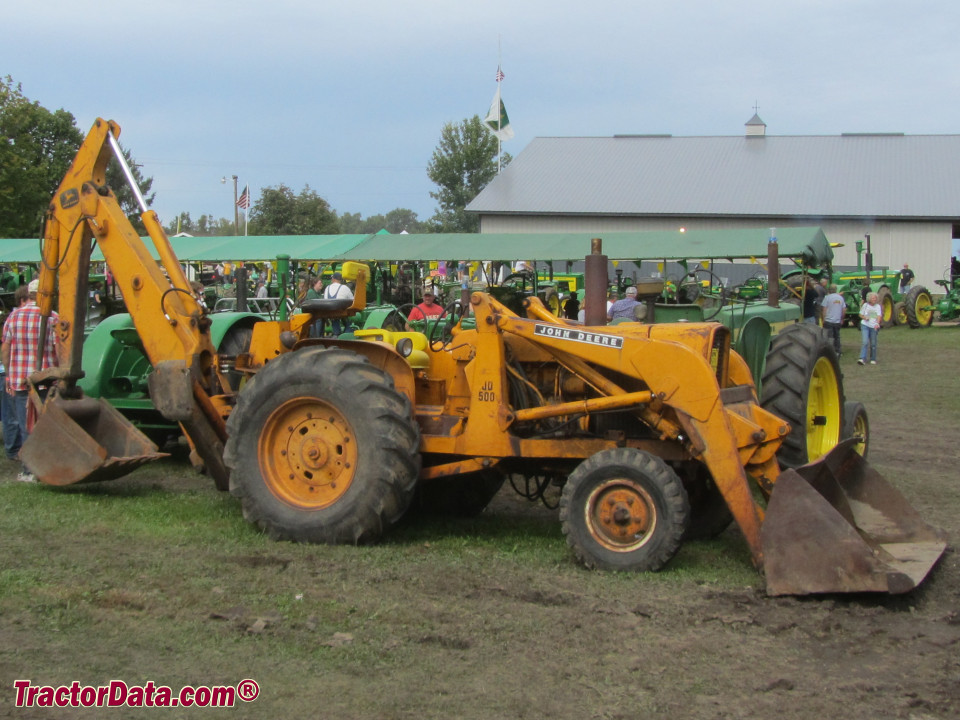 John Deere 500 with loader and backhoe, right side.