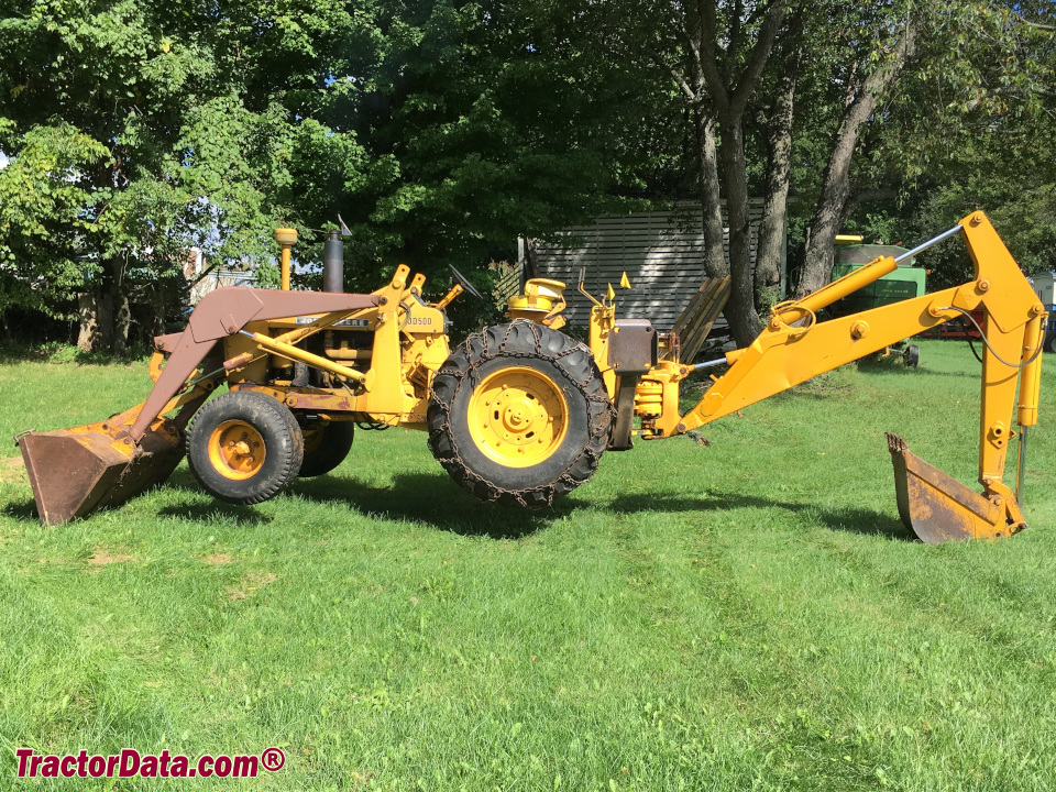 John Deere 500 with loader and backhoe, left side.