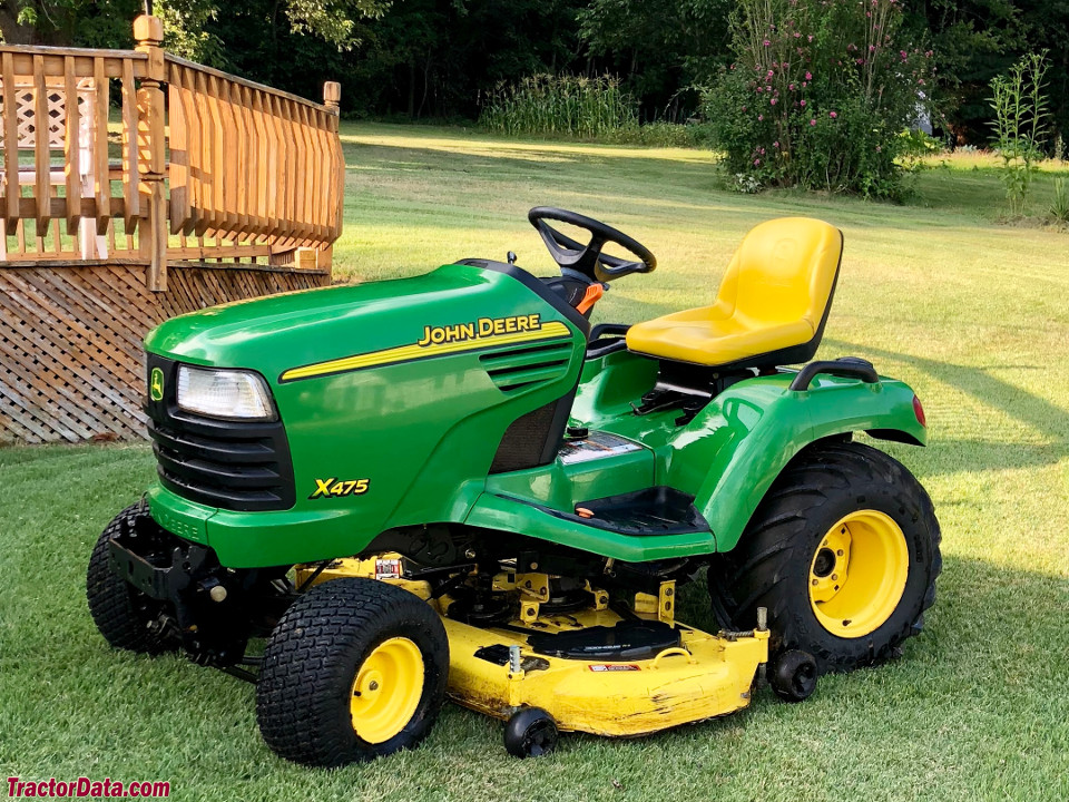 John Deere X475 with mower, left side.