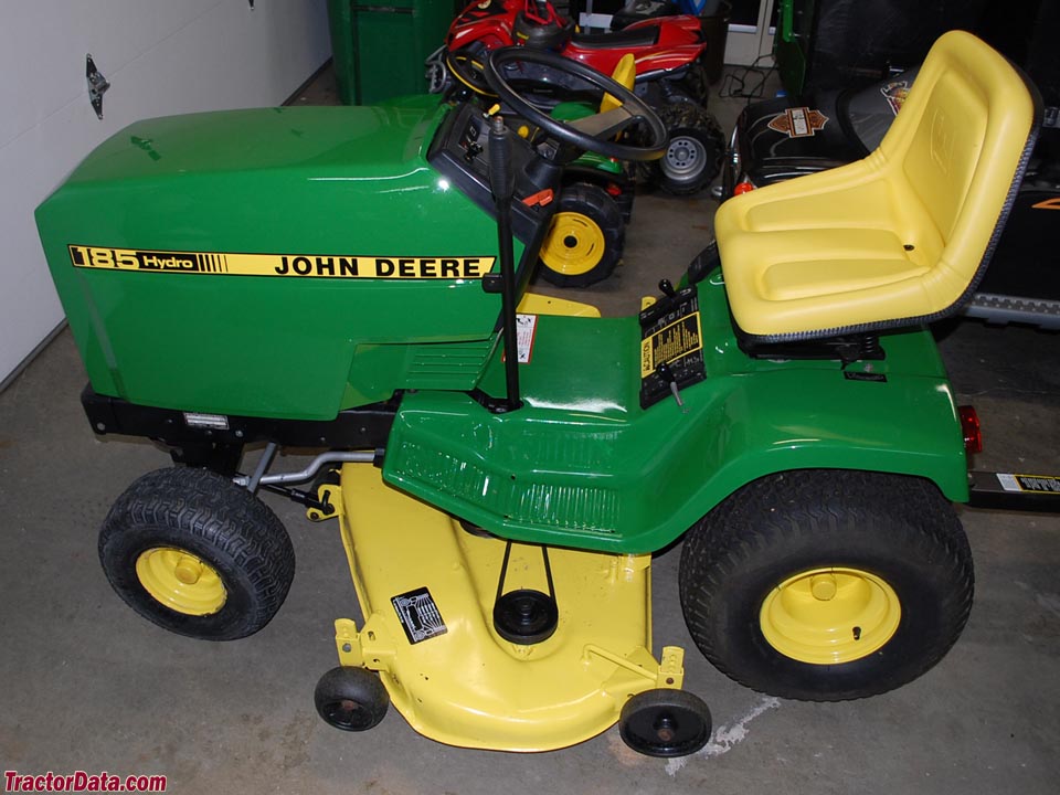 John Deere 185 with mower deck, left side.