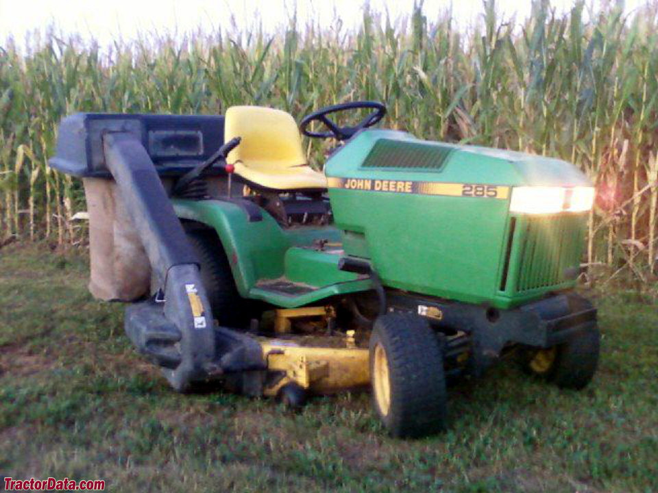 John Deere 285 with mower deck and rear bagger.