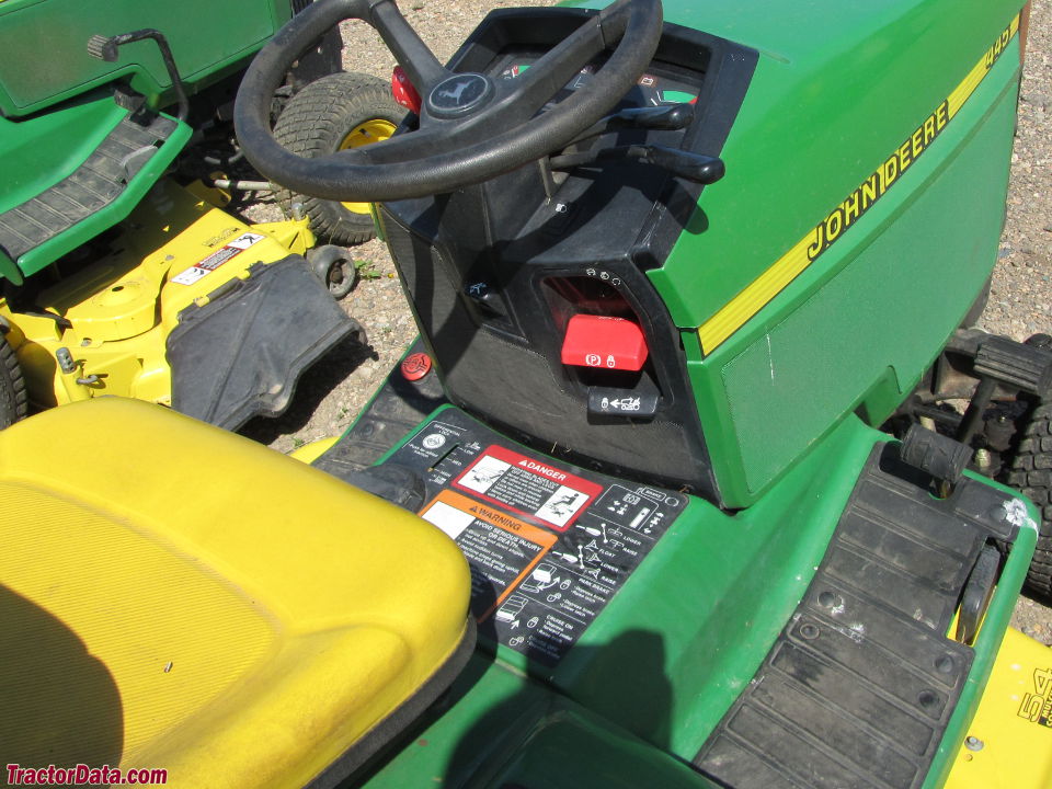 John Deere 445 operator station and controls.