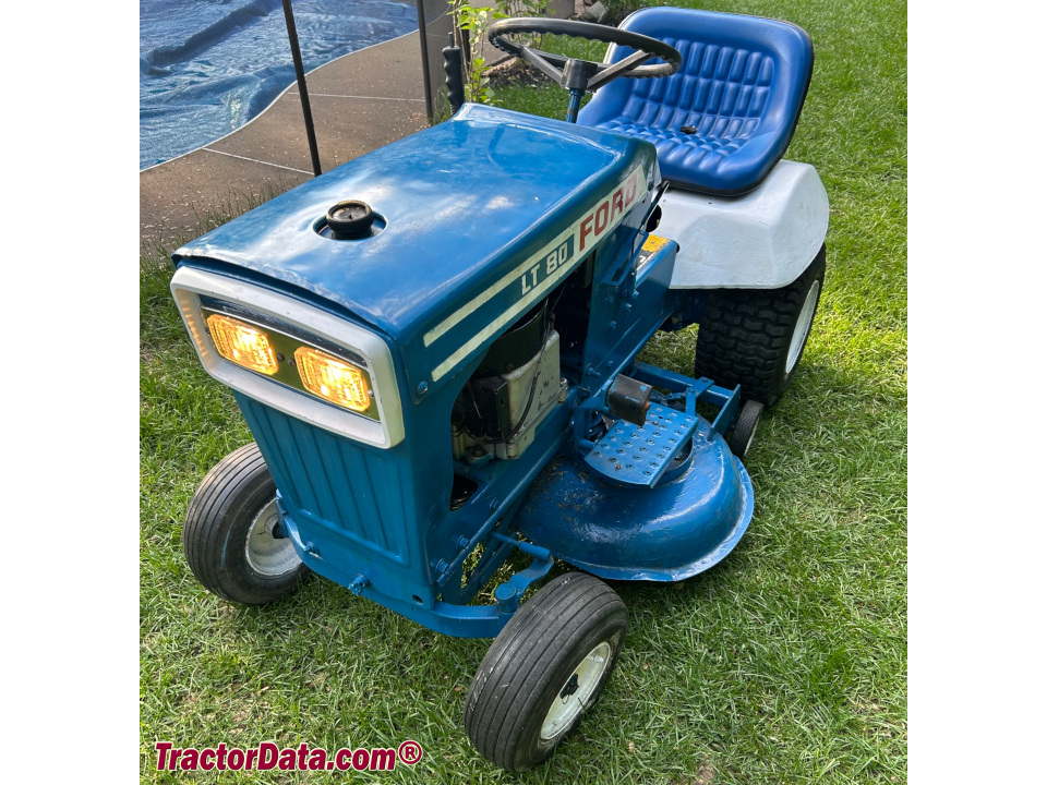 Ford LT-80 lawn tractor with mower deck, left side.