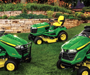 John Deere X384, X590, and X730 premium lawn tractors.