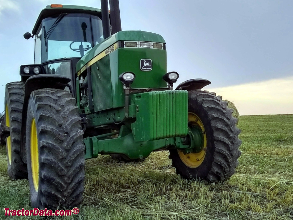 John Deere 4455 tractor with four-wheel drive, front view.