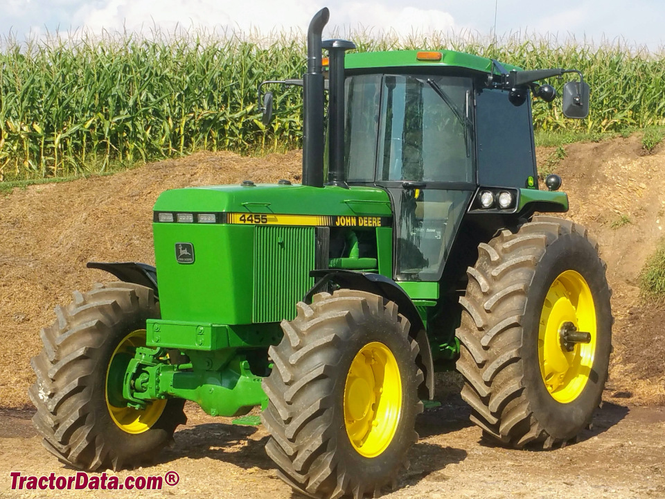 Four-wheel drive John Deere 4455 tractor, left side.