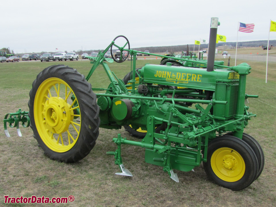 Unstyled John Deere B with mounted cultivators.