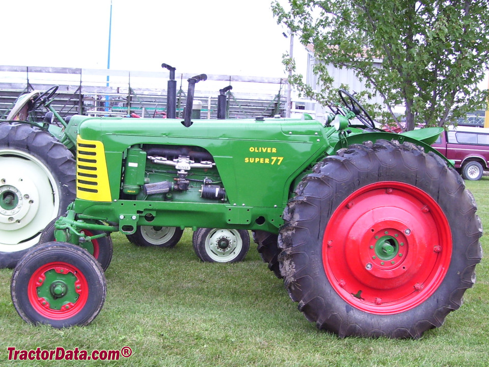 Oliver Super 77 row-crop tractor with wide front end, left side.