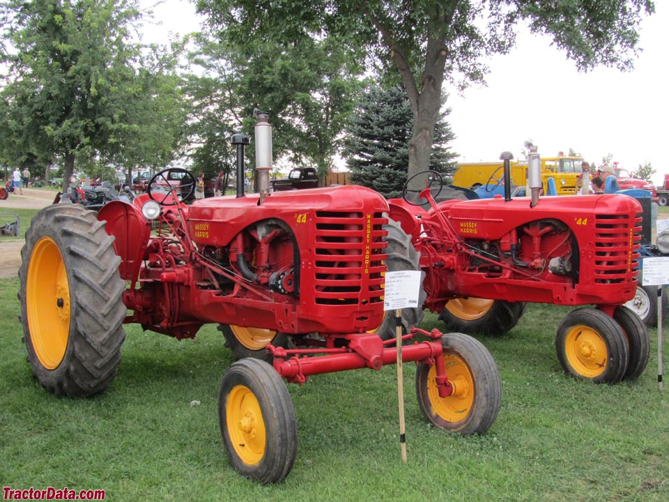 Massey Harris 44 tractors with tricycle and wide front ends.