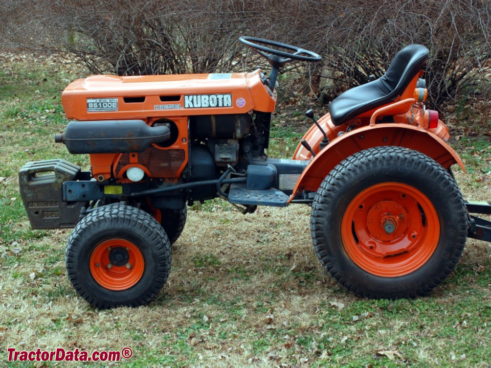 Two-wheel drive Kubota B5100E compact utility tractor, left side.