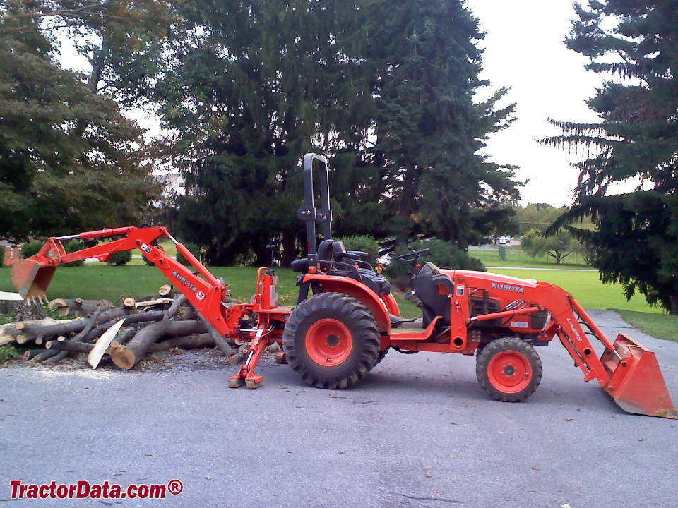 Kubota B3030 with loader and backhoe, right side.