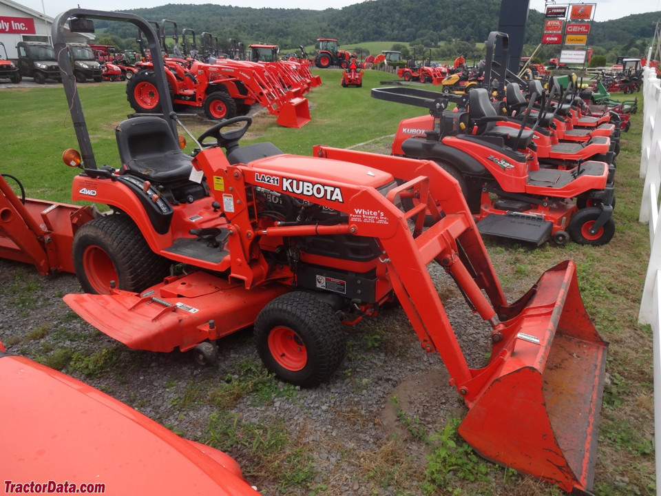 Kubota BX2200 with LA211 front-end loader and mid-mount mower deck.