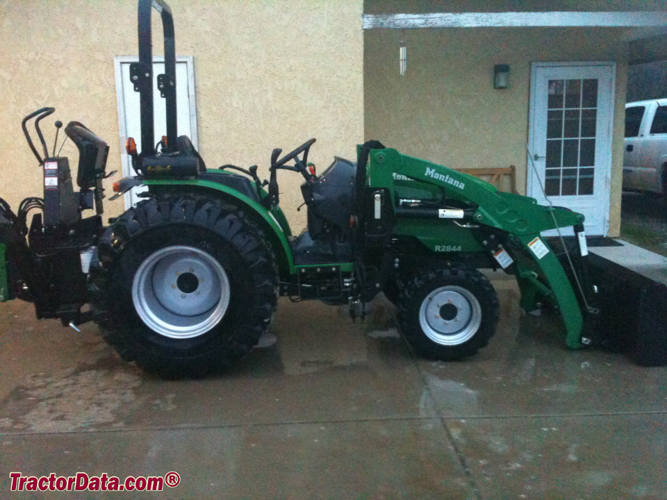 Montana R2844 compact utility tractor with loader and backhoe.