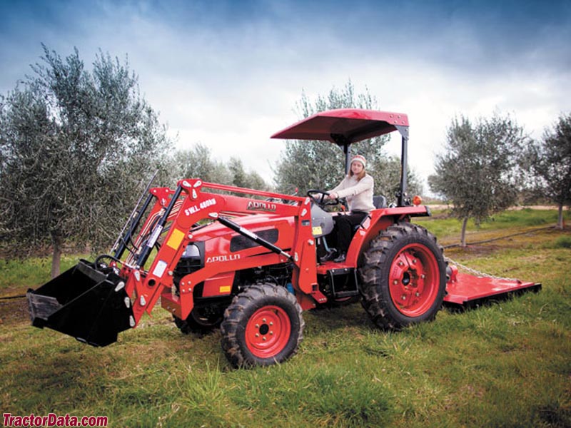 Apollo 454 with front-end loader and rotary cutter (slasher).