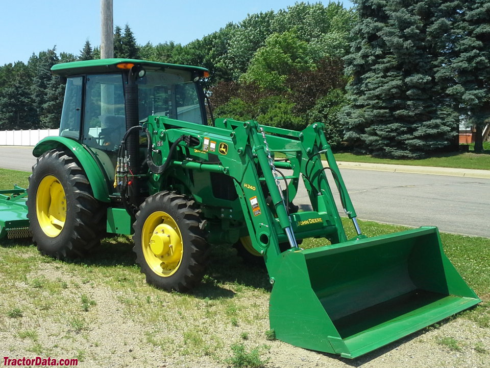 John Deere 5075E with cab and H240 front-end loader.