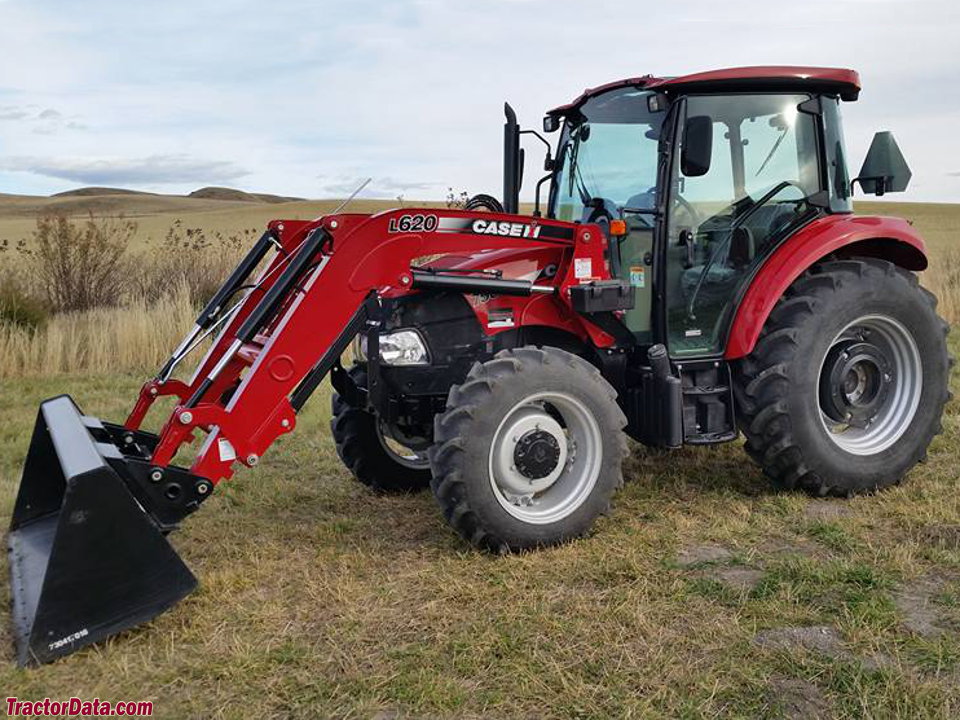 Case IH Farmall 75C with L620 front-end loader and cab, left side.