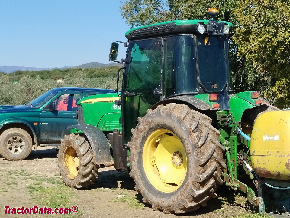 John Deere 5515F narrow-profile tractor, left rear view.