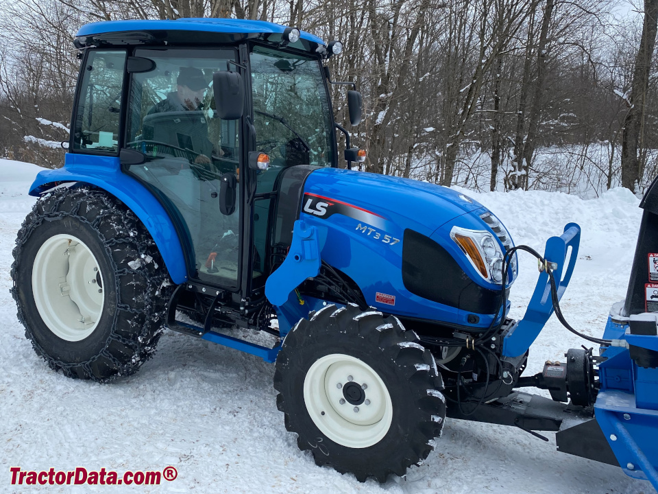 LS MT357 compact utility tractor with front-mount snow blower, right side.