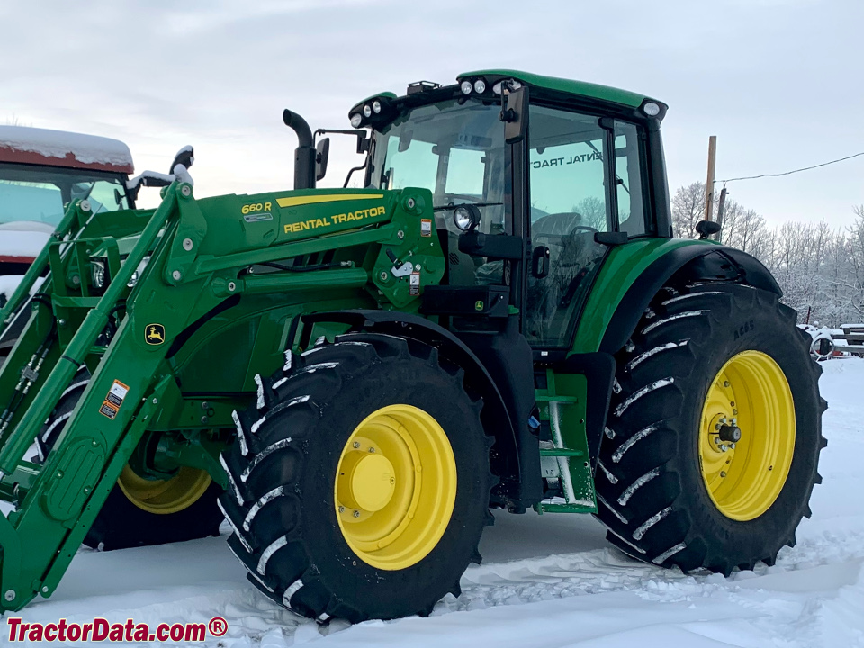 John Deere 6155M with 660R front-end loader, left side.