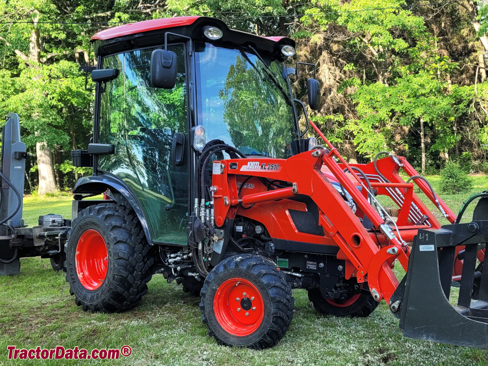 Kioti CX2510 compact utility tractor with cab and KL2510 front-end loader.